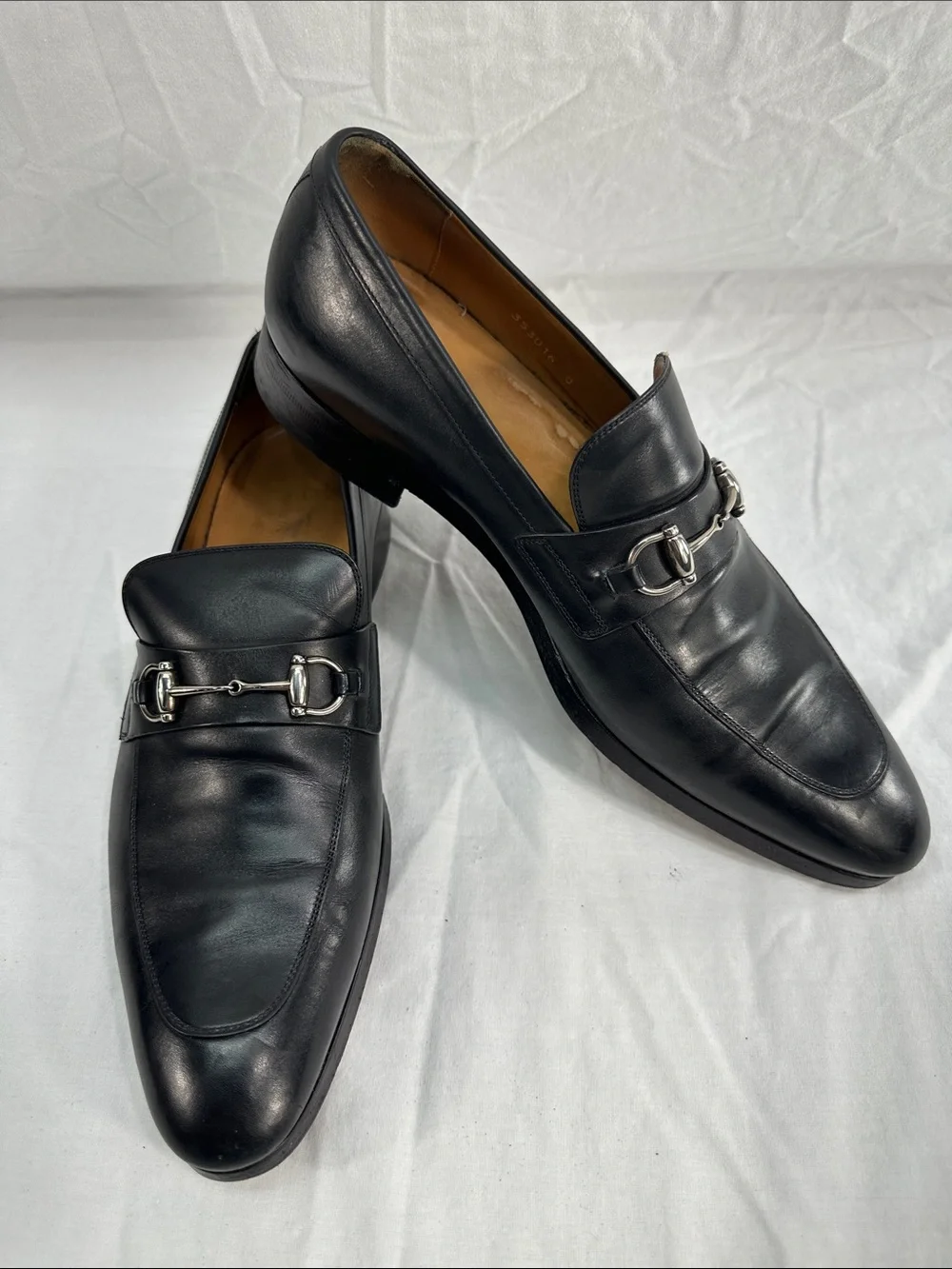 Gucci Silver Horsebit Loafers Slip On Leather Pointed Toe Shoes 353016 Men's 8